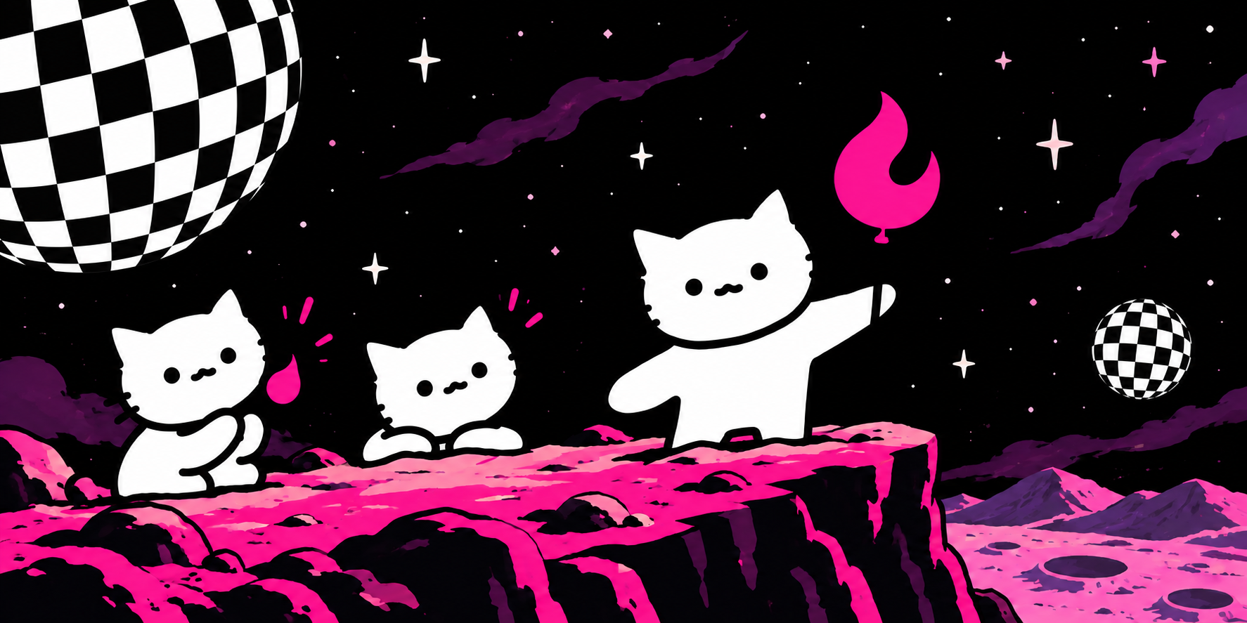 三只小猫在黑白格星球下相聚