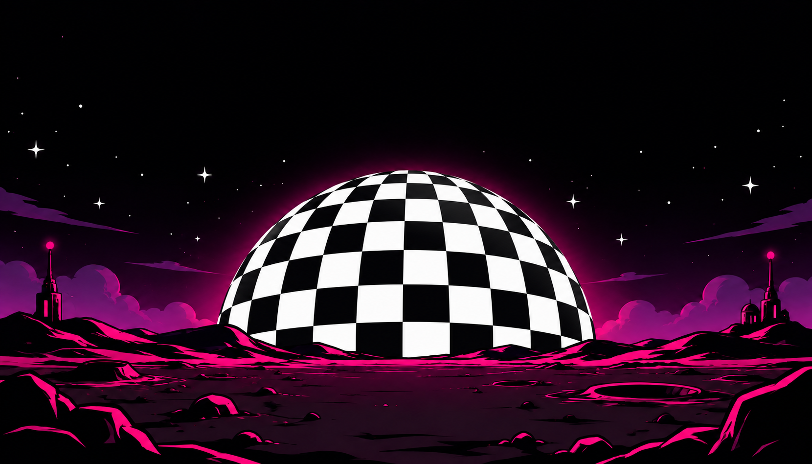 黑白棋盘格星球下的太空发射场