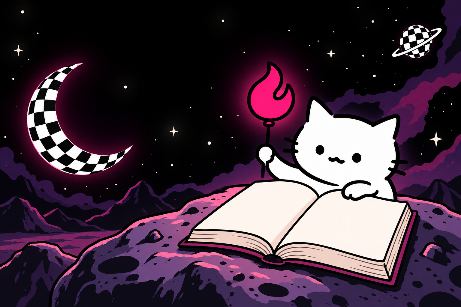 ICAT 在黑白棋盘格月亮下阅读一本书